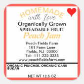 Bio Peach Jam Canning Red Heart Quadratischer Aufkleber (Vorderseite)