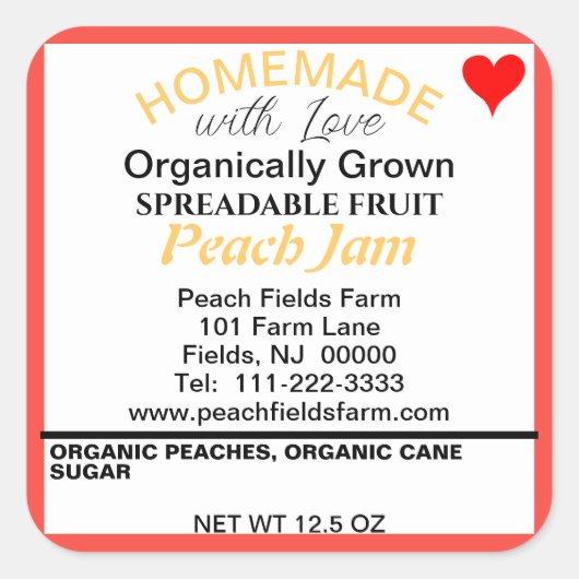 Bio Peach Jam Canning Red Heart Quadratischer Aufkleber (Vorderseite)