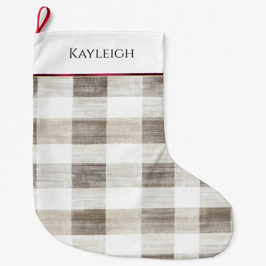 Bio Tan Cream Weiße Karierte Bordeaux Streifen Großer Weihnachtsstrumpf (Vorderseite)