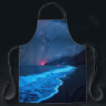 Bioluminescent Night Coast Apron Schürze<br><div class="desc">This apron features a captivating nighttime coastal scene with glowing blue waves that evoke the magic of bioluminescence. Dark cliffs rise in the background under a dramatic sky filled with clouds and faint stars, while red glows on the horizon add a mysterious touch. The striking contrast between luminous water and...</div>