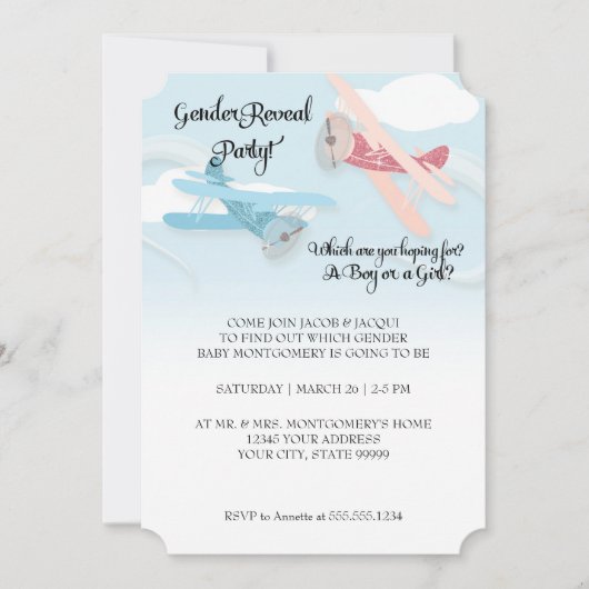 Biplane Airplane Baby Gender Reveal Party Invites Einladung (Vorderseite)
