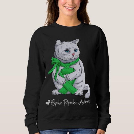 Bipolar Disorder Awareness Month Green Ribbon Cat Sweatshirt (Vorderseite)