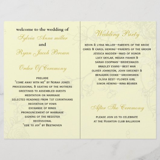 Bircage-Hochzeitsprogramm für Gelbschwanzvögel (Rückseite)