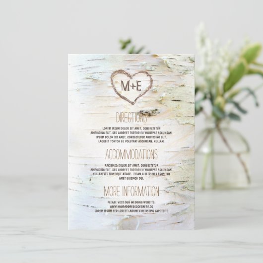 Birch Bark Heart Rustic Wedding Information Begleitkarte (Stehend Vorderseite)