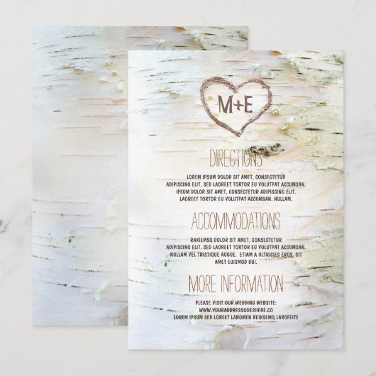 Birch Bark Heart Rustic Wedding Information Begleitkarte (Vorne/Hinten)