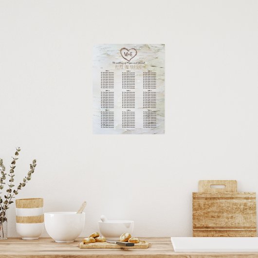 Birch Bark Heart Rustic Wedding Seekarte Poster (Küche)