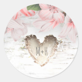 Birch Bark Herz und Rosa Blume Rustikale Hochzeit Runder Aufkleber
