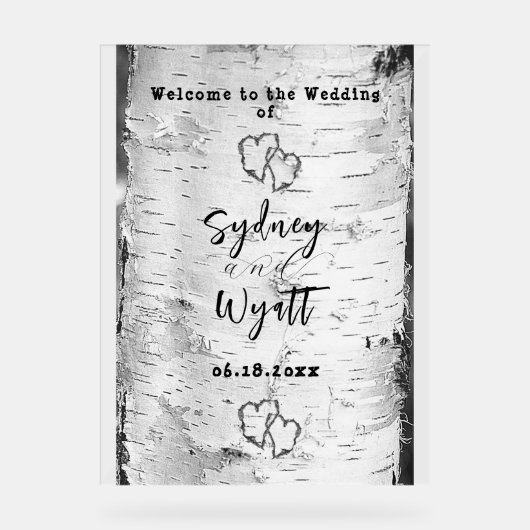 Birch Bark Tree Hearts Wedding Willkommenszeichen Acrylschild (Vorderseite)