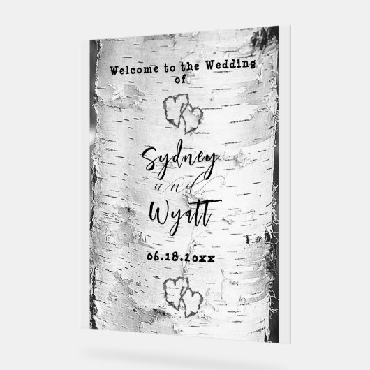 Birch Bark Tree Hearts Wedding Willkommenszeichen Acrylschild (Winkel)