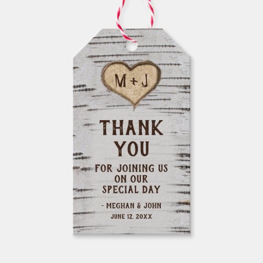 Birch Baum Herzinitis rustikale Hochzeit Danke Geschenkanhänger (Vorderseite)