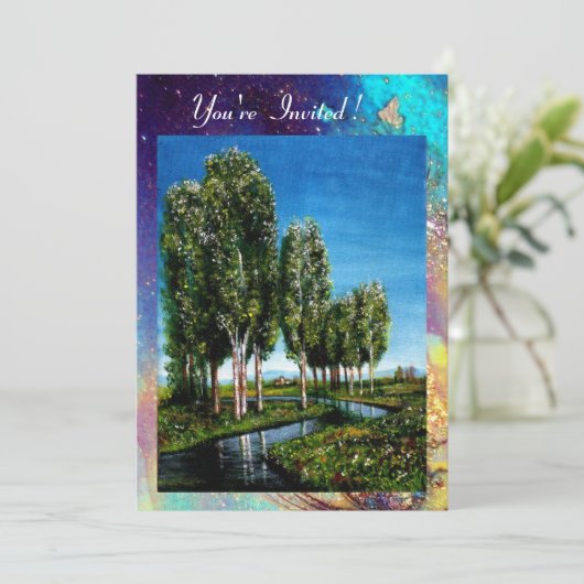 BIRCH BÄUME IN DER Toskana, blaugrüne Glitzern Einladung (Stehend Vorderseite)