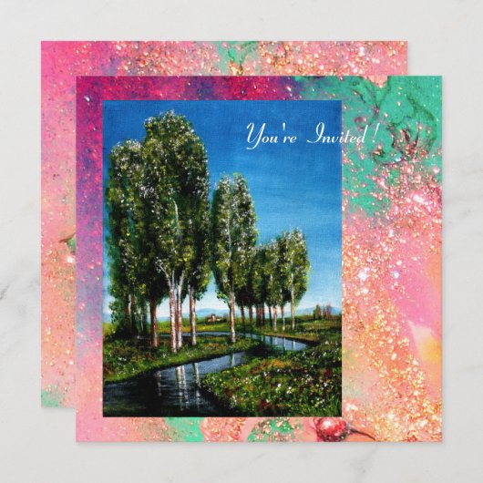 BIRCH BÄUME IN DER Toskana, rosa grüne Glitzern Einladung (Vorne/Hinten)