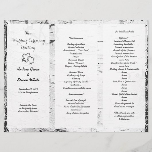 Birch Carved Hearts Wedding Tri-Fold Programm (Vorderseite)