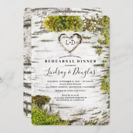 Birch Carved Herz Rustic Fall Probe Dinner Einladung (Vorne/Hinten)