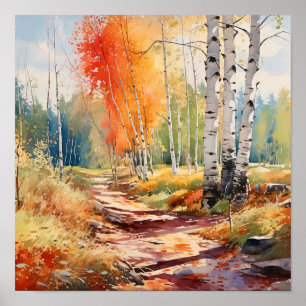 Birch Forest Vivid Colors Painting Poster