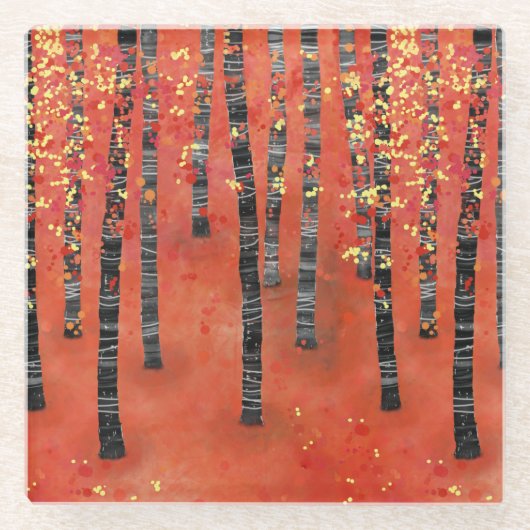 Birch Forest Woodland Red Glasuntersetzer (Vorderseite)