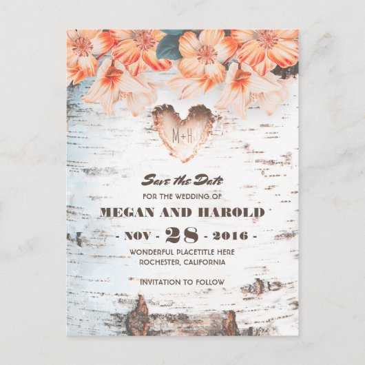 Birch Herz Rustikales Land Fall Save the Date Ankündigungspostkarte (Vorderseite)