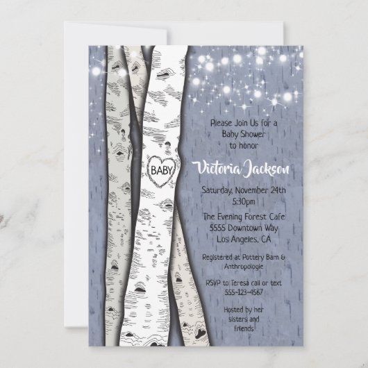 Birch Tree Abend Twinkle Lights Babydusche Einladung (Vorderseite)