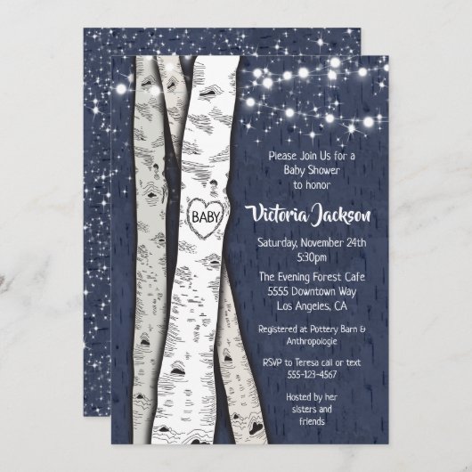 Birch Tree Abend Twinkle Lights Babydusche Einladung (Vorne/Hinten)