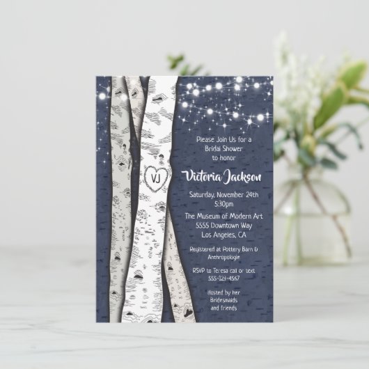 Birch Tree Abend Twinkle Lights Brautparty Einladung (Stehend Vorderseite)