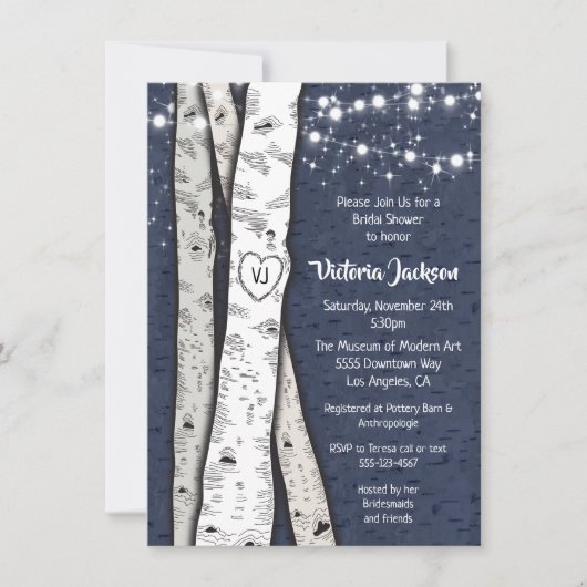 Birch Tree Abend Twinkle Lights Brautparty Einladung (Vorderseite)