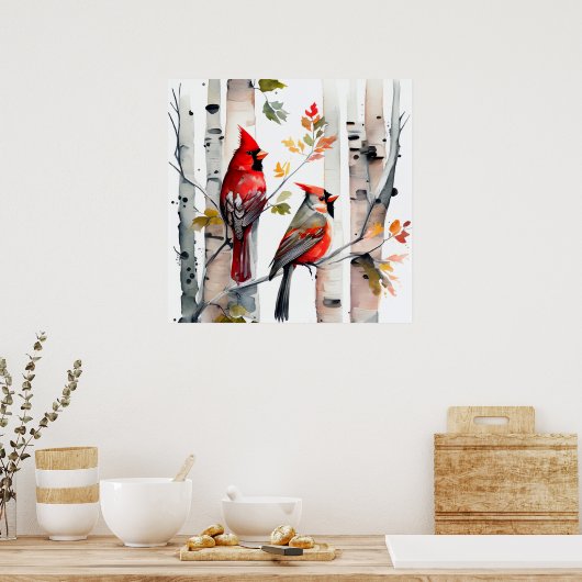 Birch Tree and Kardinals Poster (Küche)