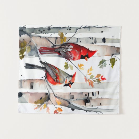 Birch Tree and Kardinals Tapestry Wandteppich (Vorderseite (Horizontal))