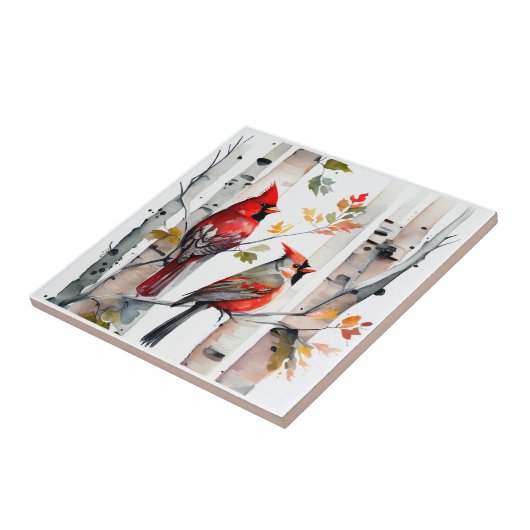 Birch Tree and Kardinals Tile Fliese (Seite)