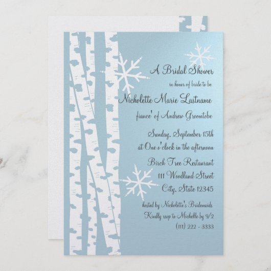 Birch Tree and Snowflakes Brautparty Ice Blue Einladung (Vorne/Hinten)