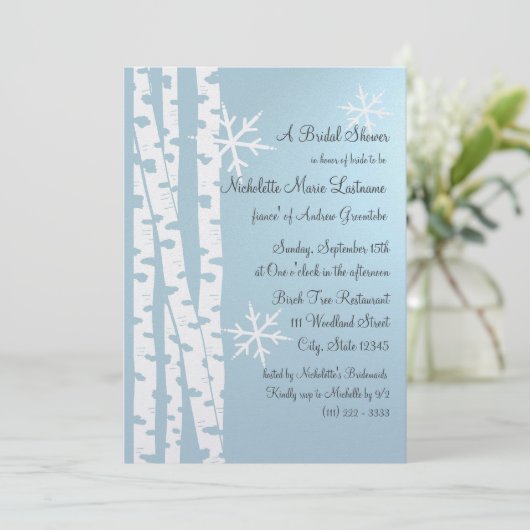 Birch Tree and Snowflakes Brautparty Ice Blue Einladung (Stehend Vorderseite)