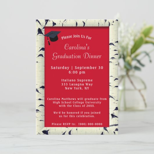 Birch Tree Bark Frame Red Dinner Cap Abschluss Einladung (Stehend Vorderseite)