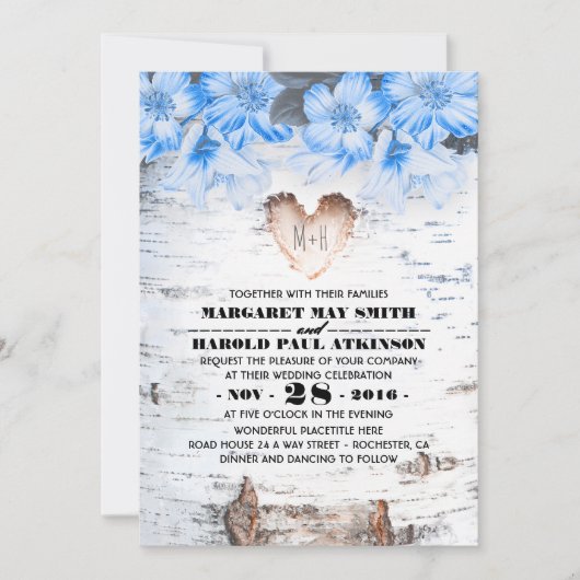 Birch Tree Bark Herz Rustikale Hochzeit Einladung (Vorderseite)