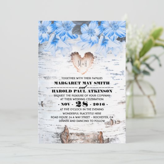 Birch Tree Bark Herz Rustikale Hochzeit Einladung (Stehend Vorderseite)