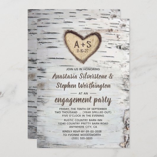 Birch Tree Bark Rustic Country Engagement Party Einladung (Vorne/Hinten)