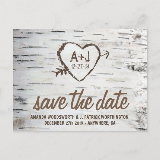 Birch Tree Bark Rustic Wedding Save the Date Cards Ankündigungspostkarte (Vorderseite)