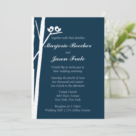 Birch Tree Birds Wedding Invitation - Blue Einladung (Stehend Vorderseite)