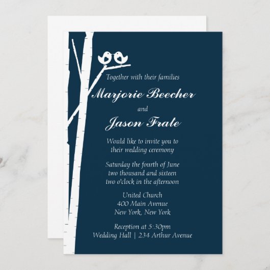 Birch Tree Birds Wedding Invitation - Blue Einladung (Vorne/Hinten)