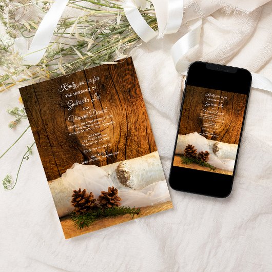 Birch Tree, Bridal Veil und Barn Wood Wedding Einladung