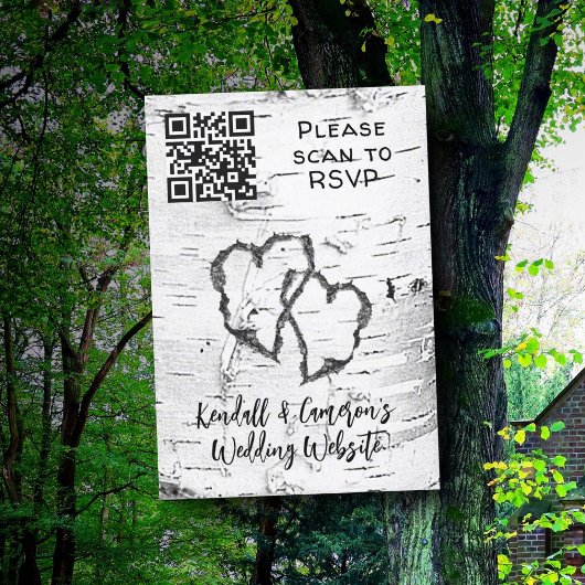 Birch Tree Carved Hearts QR code Wedding RSVP Karte