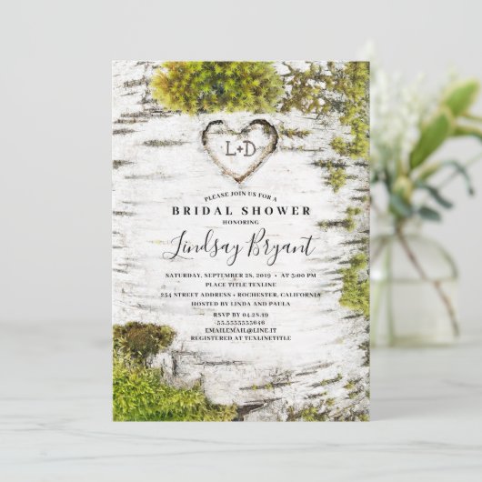 Birch Tree Carved Herz Rustic Fall Brautparty Einladung (Stehend Vorderseite)