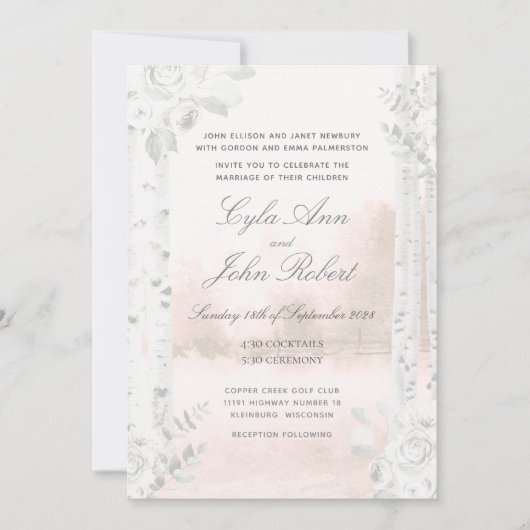 Birch Tree Forest Blush Wedding Einladung (Vorderseite)