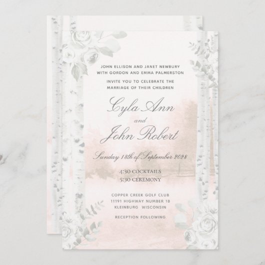 Birch Tree Forest Blush Wedding Einladung (Vorne/Hinten)