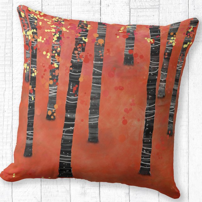 Birch Tree Forest Red Kissen (Birch Aspen Tree Forest abstract red throw pillow)