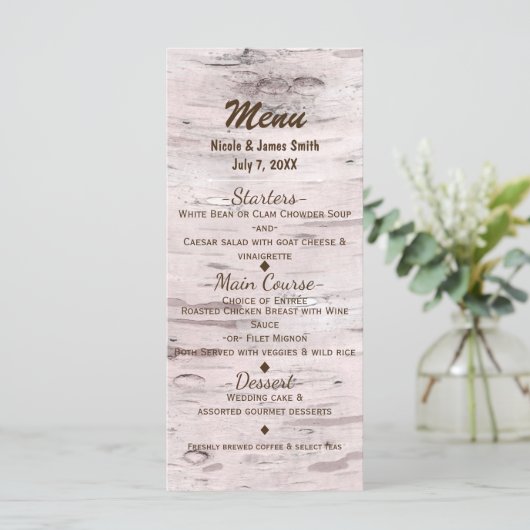 Birch Tree & Heart Rustic Wedding Menu Card Menükarte (Stehend Vorderseite)
