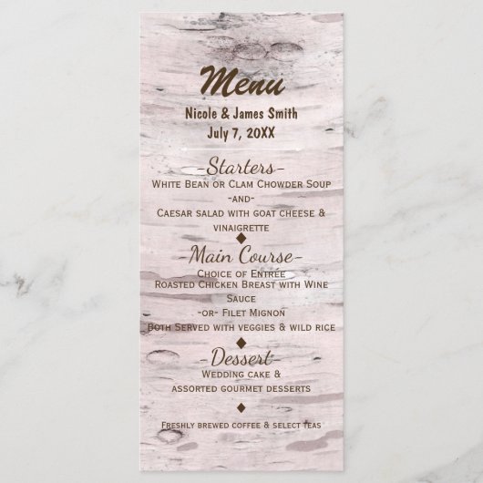 Birch Tree & Heart Rustic Wedding Menu Card Menükarte (Vorderseite)
