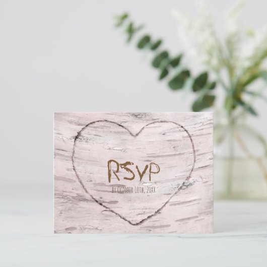 Birch Tree & Heart Rustic Wedding RSVP Einladungspostkarte (Stehend Vorderseite)
