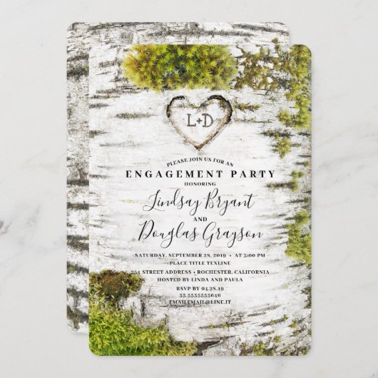 Birch Tree Herz Rustic Fall Engagement Party Einladung (Vorne/Hinten)