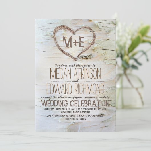 Birch Tree Herz Rustikale Hochzeit im Herbst Einladung (Stehend Vorderseite)