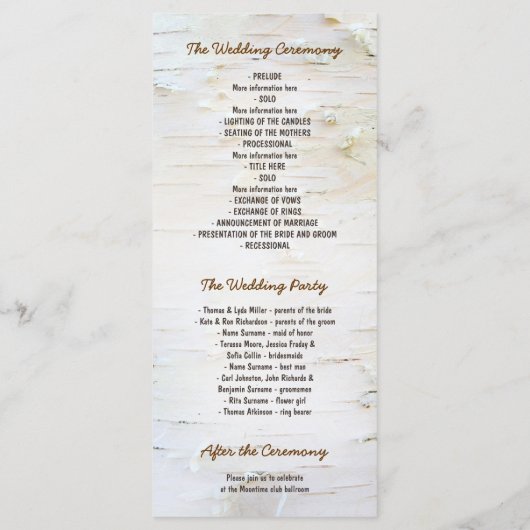 Birch Tree Herz Rustikale Hochzeitsprogramme Programm (Rückseite)