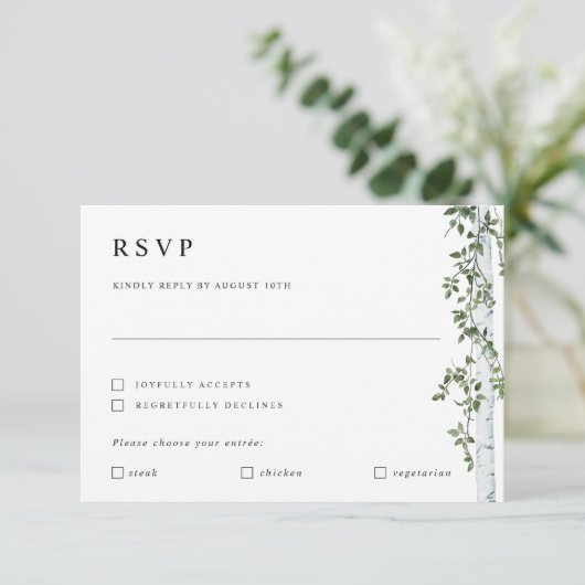 Birch Tree RSVP Card mit Präferenzhochzeit (Stehend Vorderseite)